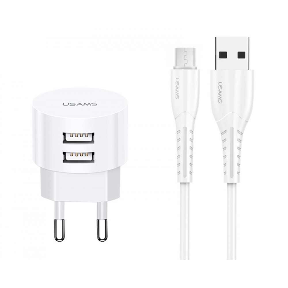 USAMS φορτιστής τοίχου T20 & καλώδιο Micro USB, 2x USB, 2.1A, λευκός