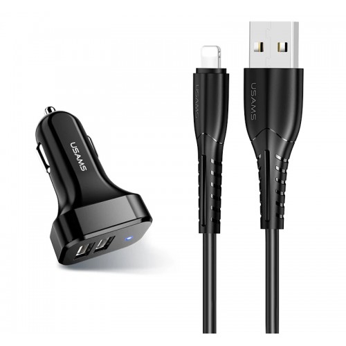 USAMS φορτιστής αυτοκινήτου C13 & καλώδιο Lightning, 2x USB, 2.1A, μαύρο