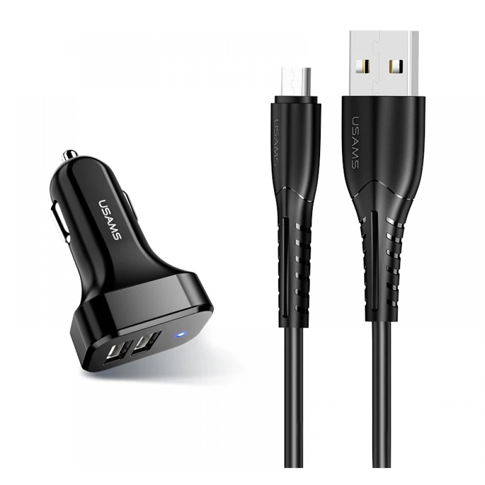 USAMS φορτιστής αυτοκινήτου C13 & καλώδιο Micro USB, 2x USB, 2.1A, μαύρο