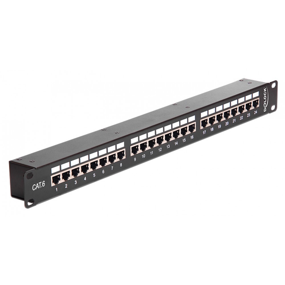 DELOCK patch panel 43295, 19/1U, CAT 6, 24x coupler RJ45 ports, μαύρο