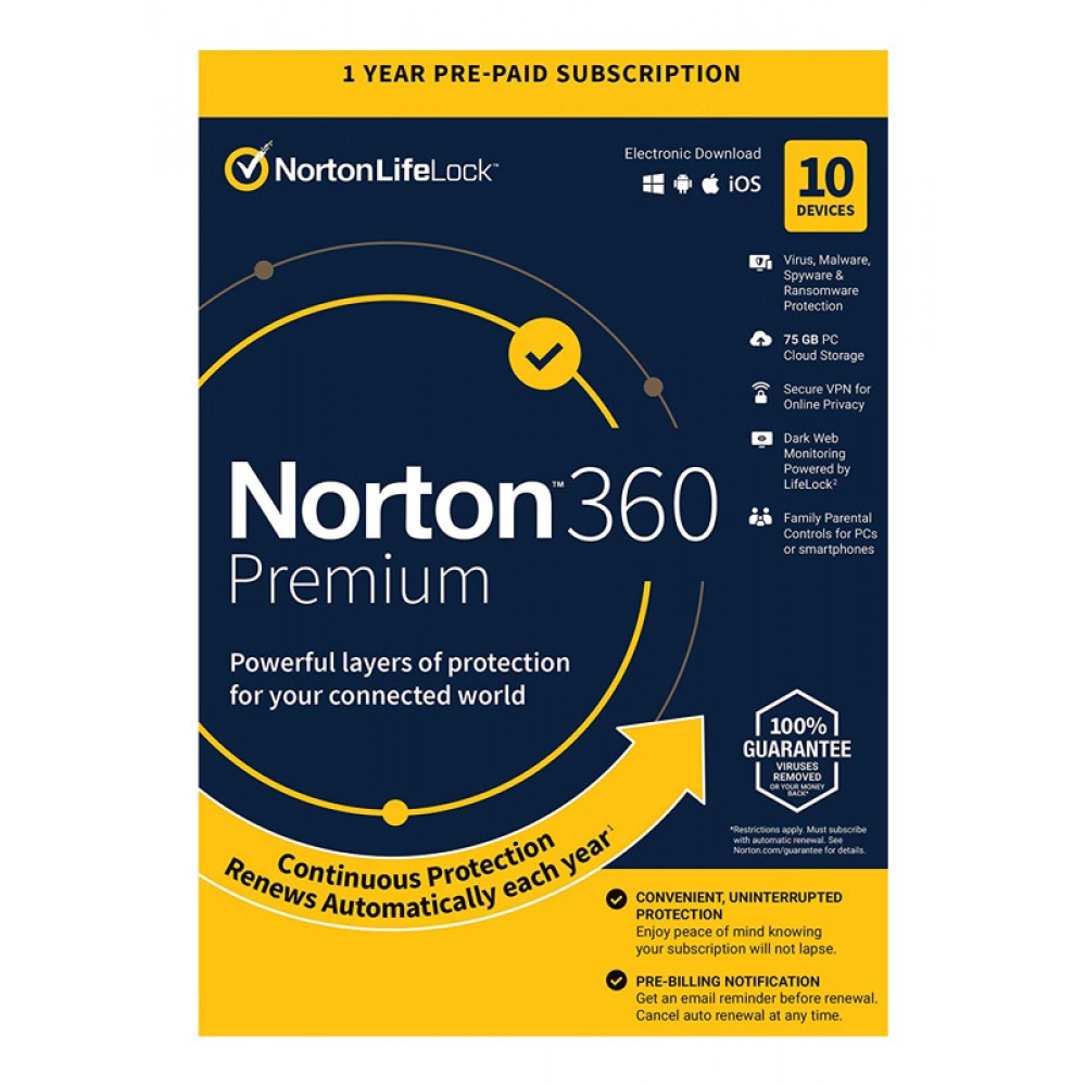 NORTON Antivirus 360 Premium ESD, 10 συσκευές, 75GB cloud, 1 έτος