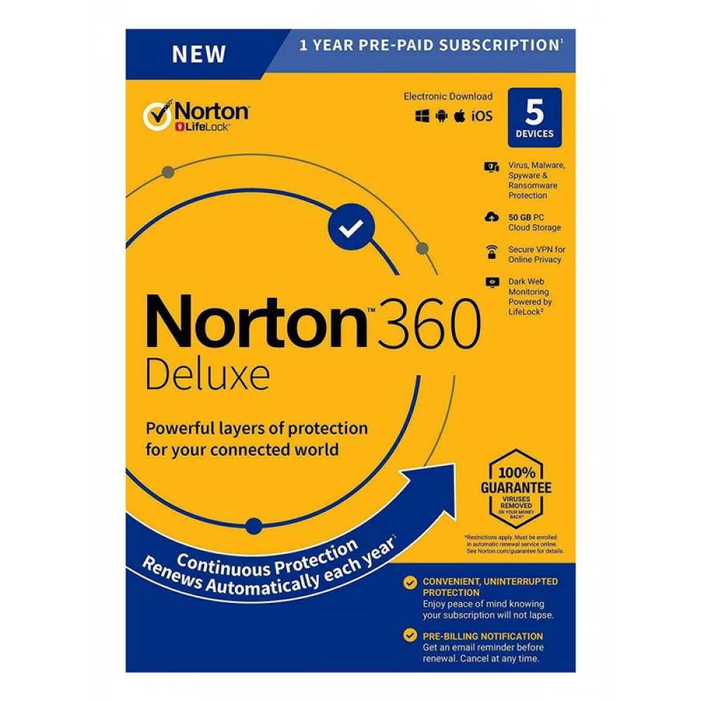 NORTON Antivirus 360 Deluxe ESD, 5 συσκευές, 50GB cloud, 1 έτος