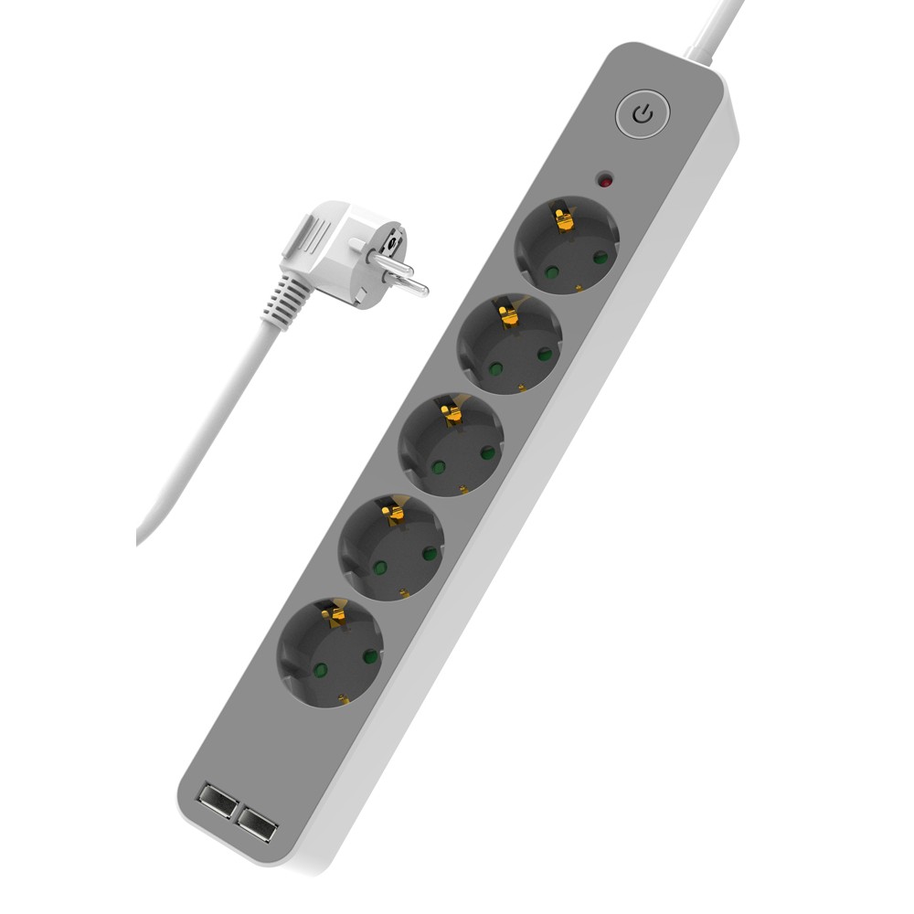 POWERTECH πολύπριζο ασφαλείας PT-1059 5x schuko/2x USB, 16A, 1.4m, λευκό