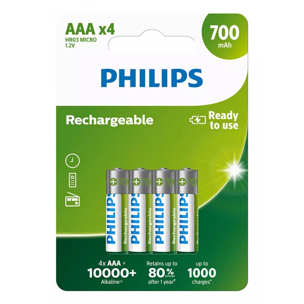 PHILIPS επαναφορτιζόμενη μπαταρία R03B4A70, 700mAh, AAA HR03 Micro, 4τμχ