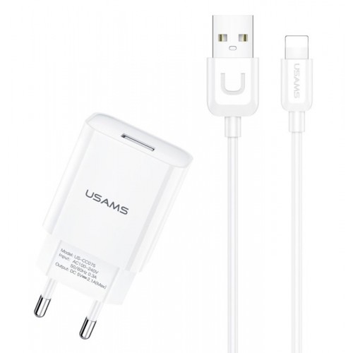 USAMS φορτιστής τοίχου T21OCLN01 με καλώδιο Lightning, USB 2.1A, λευκός