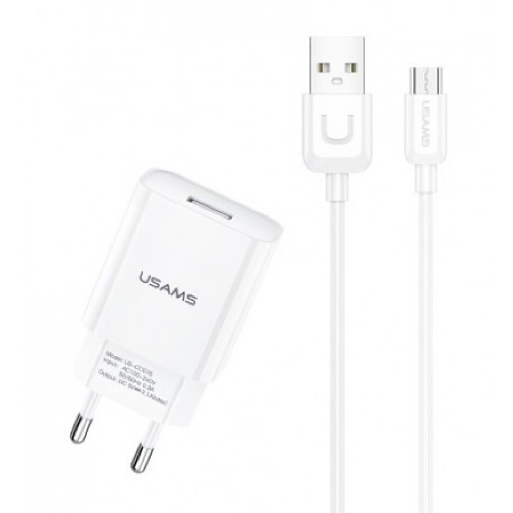 USAMS φορτιστής τοίχου T21OCMC01 με καλώδιο Micro USB, USB 2.1A, λευκός