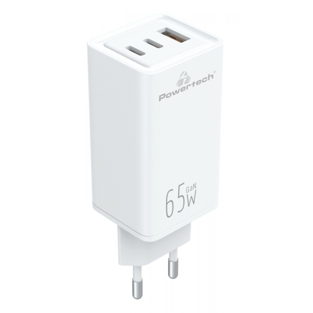 POWERTECH φορτιστής τοίχου PT-1094, USB & 2x USB-C, 65W, GaN, λευκός