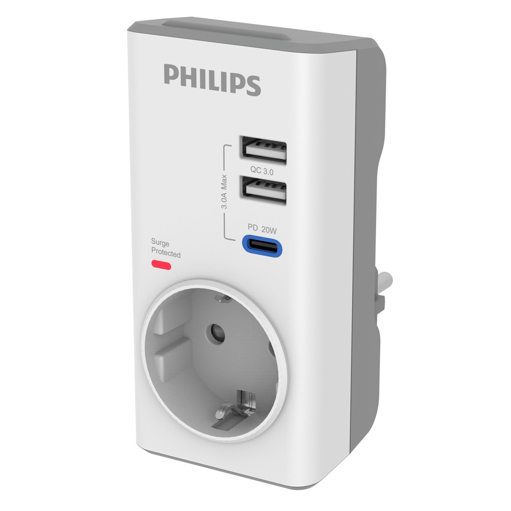 PHILIPS αντάπτορας ρεύματος CHP8010W/10, 1 θέση, USB-C/USB, 380J, λευκός