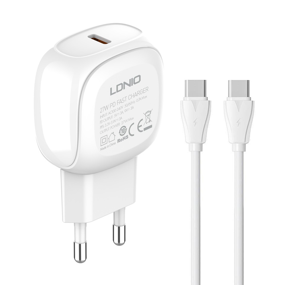 LDNIO φορτιστής τοίχου A1206C με καλώδιο USB-C, 1x USB-C, 27W PD, λευκός