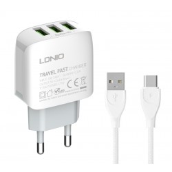 LDNIO φορτιστής τοίχου A3312 με καλώδιο USB-C, 3x USB, 17W, λευκός