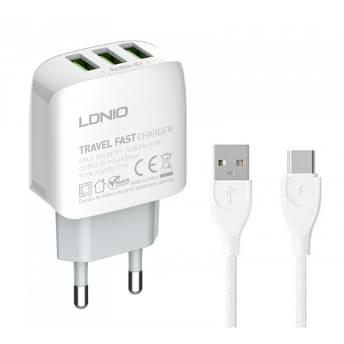 LDNIO φορτιστής τοίχου A3312 με καλώδιο USB-C, 3x USB, 17W, λευκός