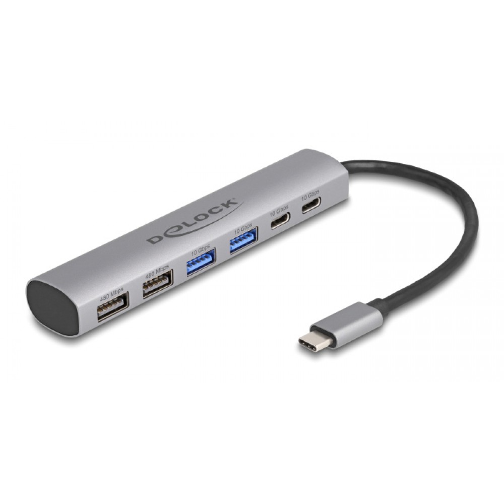 DELOCK USB hub 64232, 6x θυρών, 10Gbps, USB-C σύνδεση, γκρι