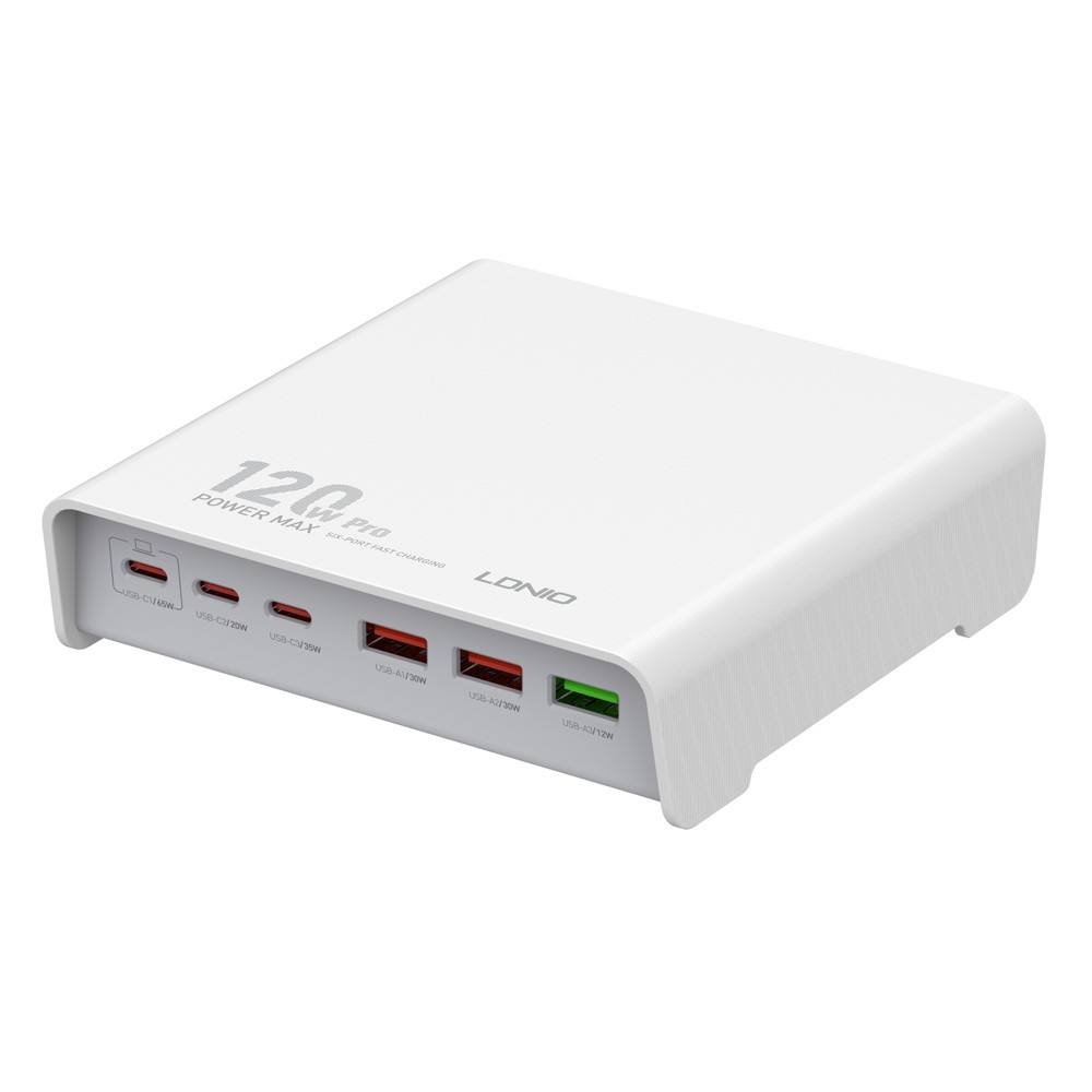 LDNIO σταθμός φόρτισης Q605, 3x USB-C & 3x USB, 120W, PD/QC, λευκός