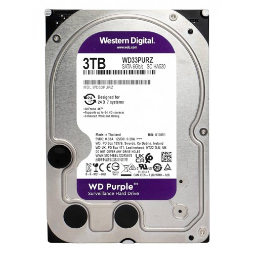 WD σκληρός δίσκος 3.5 Purple Surveillance 3TB, 256MB, 5400RPM, SATA III