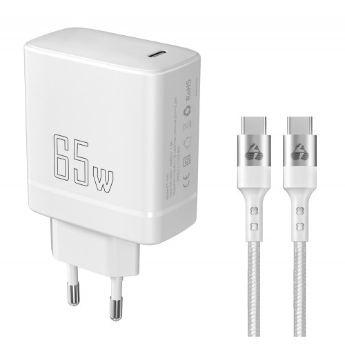 POWERTECH φορτιστής τοίχου PT-1181 με καλώδιο, USB-C, 65W, GaN, λευκός