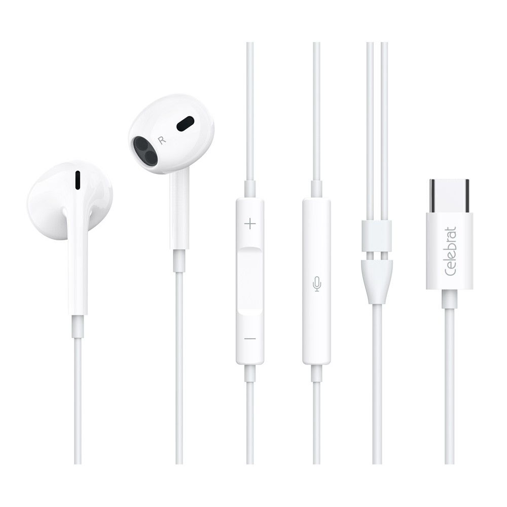 CELEBRAT earphones με μικρόφωνο E400, USB-C σύνδεση, Φ14mm, 1.2m, λευκά