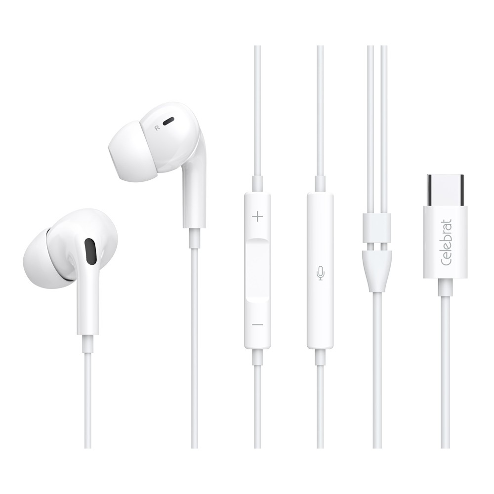 CELEBRAT earphones με μικρόφωνο E300, USB-C σύνδεση, Φ10mm, 1.2m, λευκά