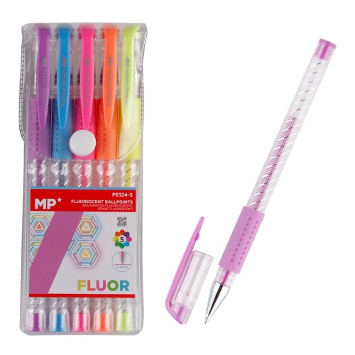 MP σετ στυλό fluorescent ballpoint PE124-5, 0.9mm, πολύχρωμα, 5τμχ