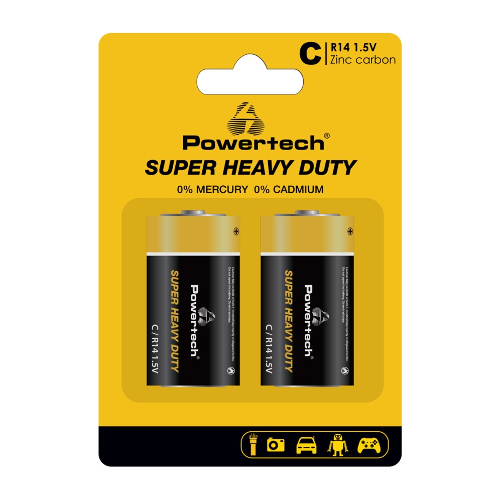 POWERTECH μπαταρίες Zinc Carbon Super Heavy Duty PT-1221, R14 1.5V, 2τμχ