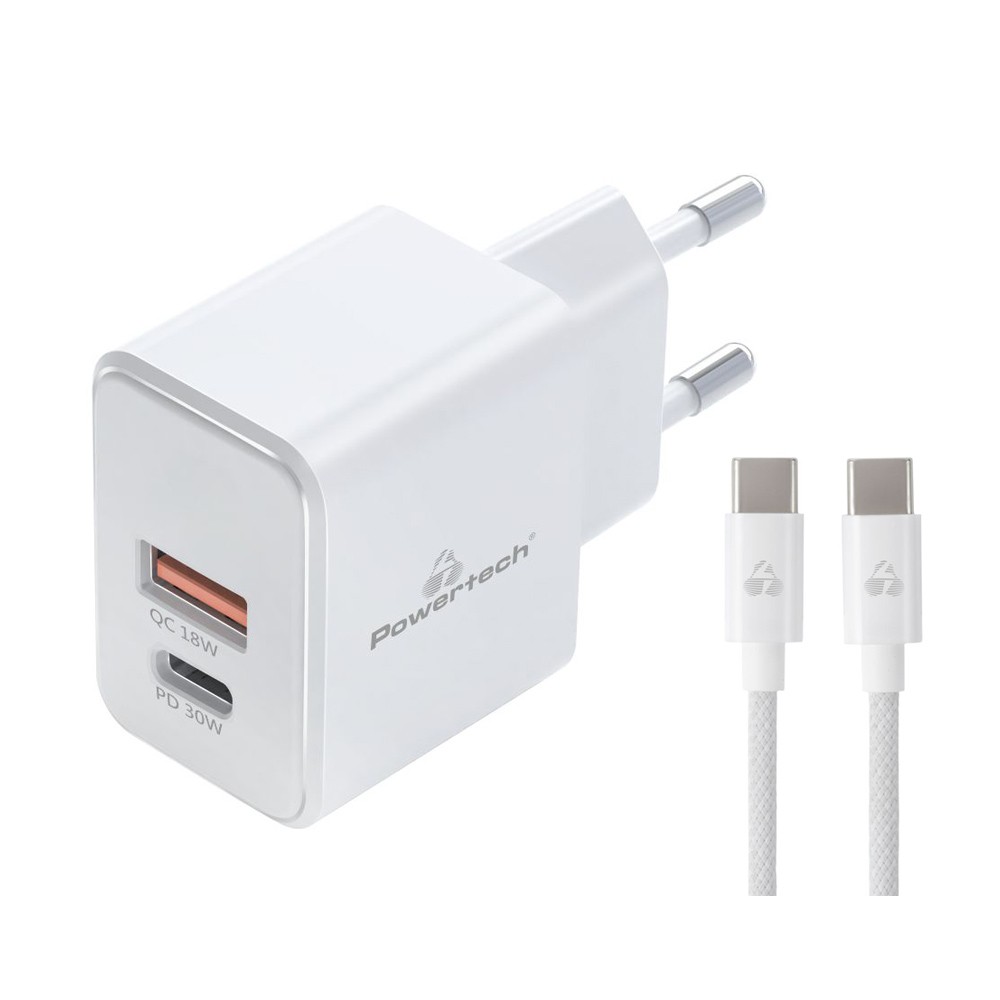 POWERTECH φορτιστής τοίχου PT-1249, καλώδιο, USB/USB-C, 30W, GaN, λευκός