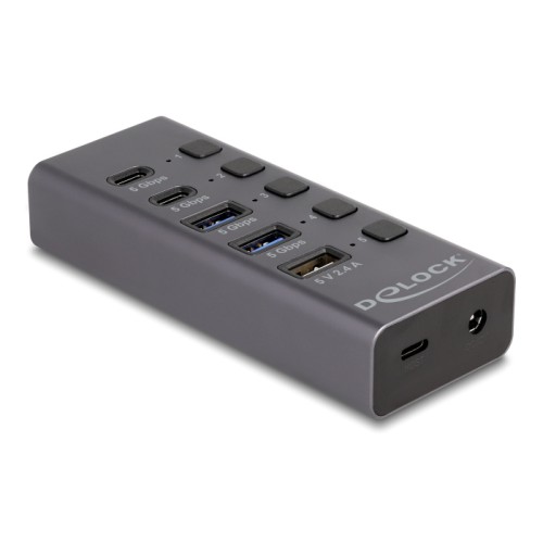 DELOCK USB hub 64248 με διακόπτες, 5x θυρών, 5Gbps, USB/USB-C σύνδεση, γκρι