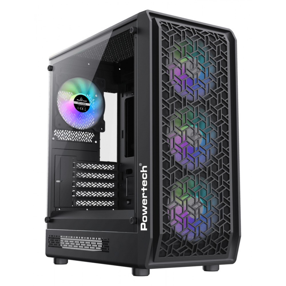 POWERTECH Gaming PC Case PT-1309, tempered glass, 4x ARGB fan, ATX, 340x200x436mm, μαύρο