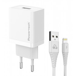 POWERTECH φορτιστής τοίχου PT-1323 με καλώδιο Lightning, USB, 12W, λευκός