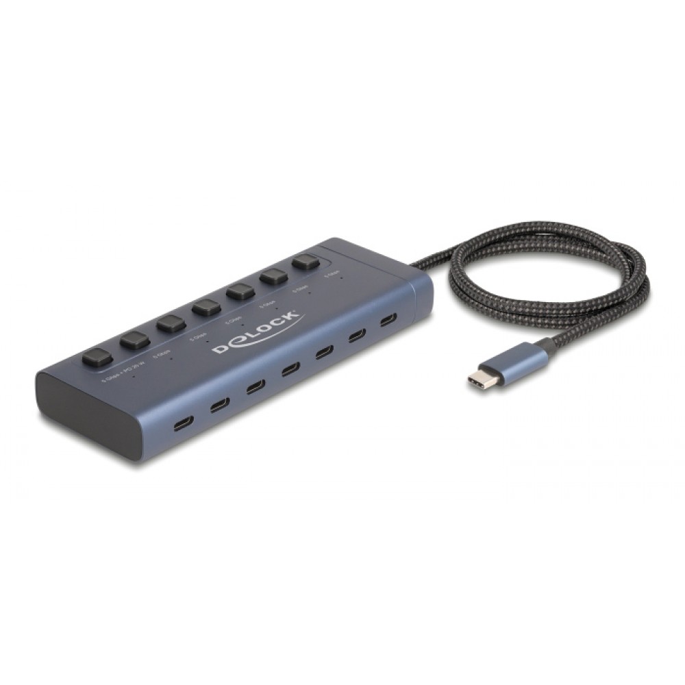 DELOCK USB-C hub 63410 με διακόπτες, 7x θυρών, 5Gbps, 20W, USB-C σύνδεση, μπλε