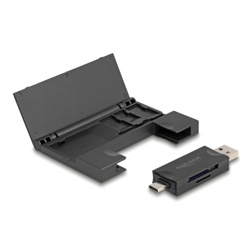 DELOCK card reader 91014 για SD & micro SD, με θήκη, USB/USB-C, 5Gbps, μαύρο