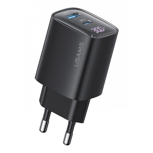 USAMS φορτιστής τοίχου US-CC229, USB & USB-C, 30W, GaN, μαύρος