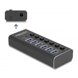 DELOCK USB hub 64326 με διακόπτες, 7x θυρών, 10Gbps, USB/USB-C σύνδεση, μαύρο