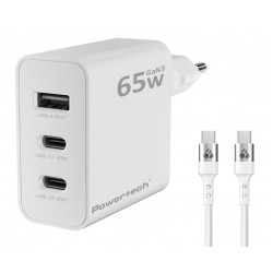 POWERTECH φορτιστής τοίχου PT-1378 με καλώδιο, USB/2x USB-C, 65W, GaN, λευκός