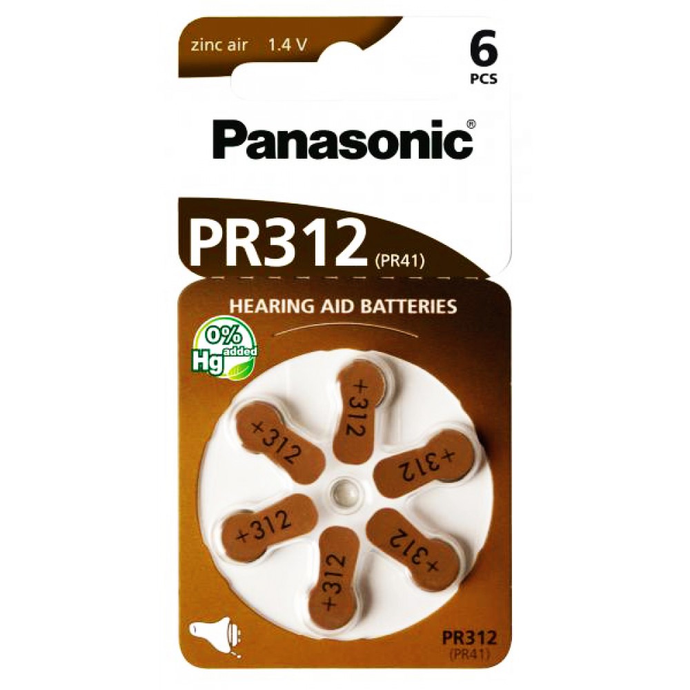 PANASONIC μπαταρίες ακουστικών βαρηκοΐας PR312, mercury free, 1.4V, 6τμχ