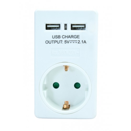 POWERTECH Αντάπτορας ρεύματος schuko PT-767, 2x USB, λευκός